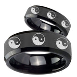 His Hers Multiple Yin Yang Beveled Edges Black Tungsten Wedding Band Ring Set