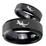 His Hers Lizard Beveled Edges Black Tungsten Wedding Engraving Ring Set