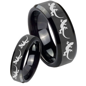 His Hers Multiple Lizard Beveled Edges Black Tungsten Men's Engagement Ring Set