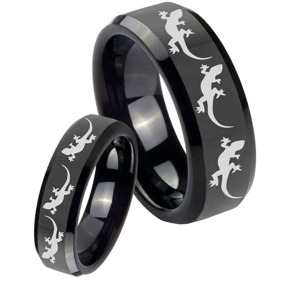 His Hers Multiple Lizard Beveled Edges Black Tungsten Men's Engagement Ring Set