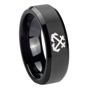 10mm Anchor Beveled Edges Black Tungsten Carbide Mens Wedding Ring