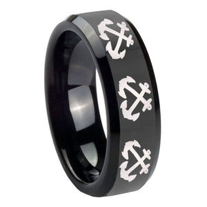 10mm Multiple Anchor Beveled Edges Black Tungsten Carbide Engraved Ring