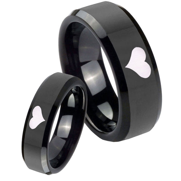 His and Hers Heart Beveled Edges Black Tungsten Wedding Band Mens Set