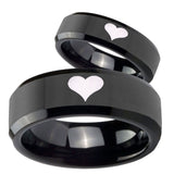 His and Hers Heart Beveled Edges Black Tungsten Wedding Band Mens Set