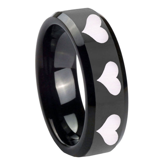 10mm Multiple Heart Beveled Edges Black Tungsten Wedding Engagement Ring