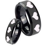 His Hers Multiple Heart Beveled Edges Black Tungsten Custom Mens Ring Set