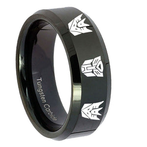 10mm Transformers Autobot Decepticon Beveled Edges Black Tungsten Mens Ring Engraved