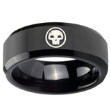 10mm Skull Beveled Edges Black Tungsten Carbide Mens Ring Engraved