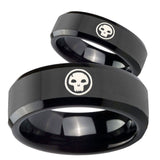 His and Hers Skull Beveled Edges Black Tungsten Mens Wedding Ring Set