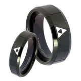 His Hers Zelda Triforce Beveled Edges Black Tungsten Wedding Engagement Ring Set