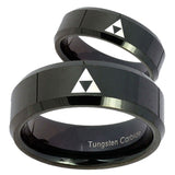 His Hers Zelda Triforce Beveled Edges Black Tungsten Wedding Engagement Ring Set