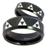 His Hers Multiple Zelda Triforce Beveled Black Tungsten Men's Wedding Ring Set