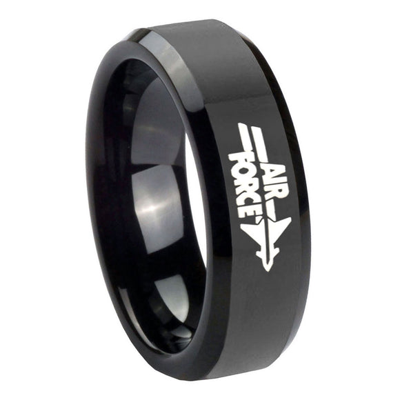 10MM Air Force Glossy Black Beveled Edges Tungsten Carbide Men's Ring