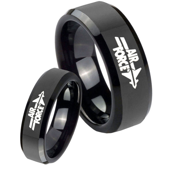 His Her's Air Force Black Beveled Edges Tungsten Carbide Wedding Rings Set