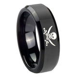 10mm Skull Pirate Beveled Edges Black Tungsten Carbide Mens Ring