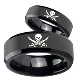 His Hers Skull Pirate Beveled Edges Black Tungsten Mens Wedding Band Set