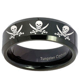 10mm Multiple Skull Pirate Beveled Edges Black Tungsten Men's Engagement Ring