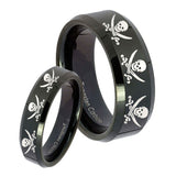 His Hers Multiple Skull Pirate Beveled Edges Black Tungsten Mens Ring Set