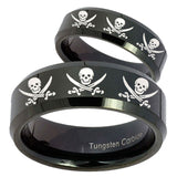 His Hers Multiple Skull Pirate Beveled Edges Black Tungsten Mens Ring Set