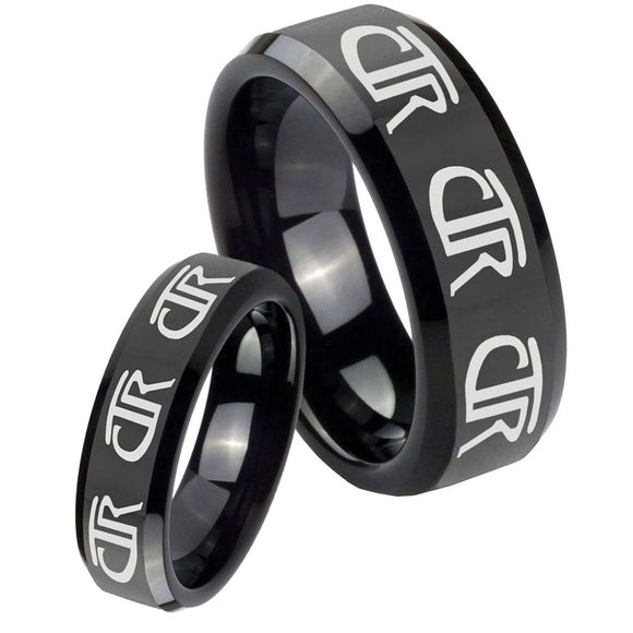 His Hers Multiple CTR Beveled Edges Black Tungsten Wedding Bands Ring Set