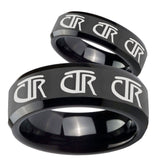 His Hers Multiple CTR Beveled Edges Black Tungsten Wedding Bands Ring Set