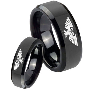 Bride and Groom Aquila Beveled Edges Black Tungsten Carbide Bands Ring Set