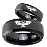 Bride and Groom Aquila Beveled Edges Black Tungsten Carbide Bands Ring Set