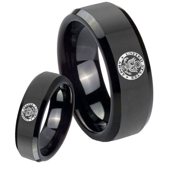 His Hers U.S. Army Beveled Edges Black Tungsten Promise Ring Set