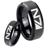 His Hers N7 Design Beveled Edges Black Tungsten Promise Ring Set