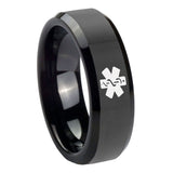 10mm Medical Alert Beveled Edges Black Tungsten Carbide Men's Wedding Band