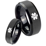 His and Hers Medical Alert Beveled Edges Black Tungsten Promise Ring Set