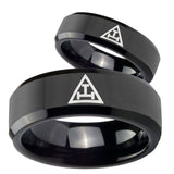His Hers Masonic Triple Beveled Edges Black Tungsten Mens Anniversary Ring Set