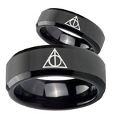 His and Hers Deathly Hallows Beveled Edges Black Tungsten Men's Ring Set