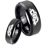 His Hers Flamed Cross Beveled Edges Black Tungsten Men's Promise Rings Set