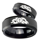 His Hers Flamed Cross Beveled Edges Black Tungsten Men's Promise Rings Set