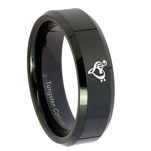 10mm Music & Heart Beveled Edges Black Tungsten Carbide Mens Ring Personalized