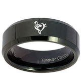 10mm Music & Heart Beveled Edges Black Tungsten Carbide Mens Ring Personalized