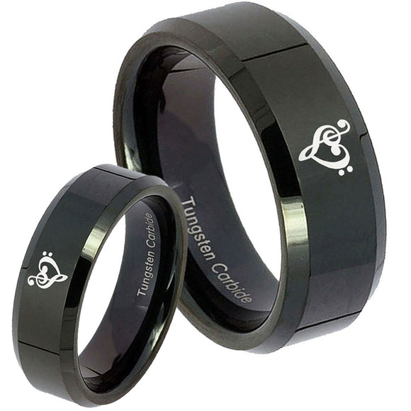 His Hers Music & Heart Beveled Edges Black Tungsten Men's Wedding Ring Set