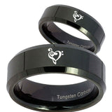 His Hers Music & Heart Beveled Edges Black Tungsten Men's Wedding Ring Set