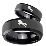 His and Hers Horse Beveled Edges Black Tungsten Wedding Bands Ring Set