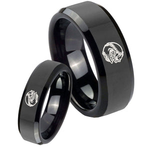 His Hers Angry Baseball Beveled Edges Black Tungsten Men's Band Ring Set