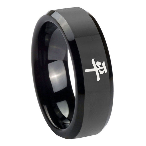 10mm Kanji Peace Beveled Edges Black Tungsten Carbide Wedding Bands Ring