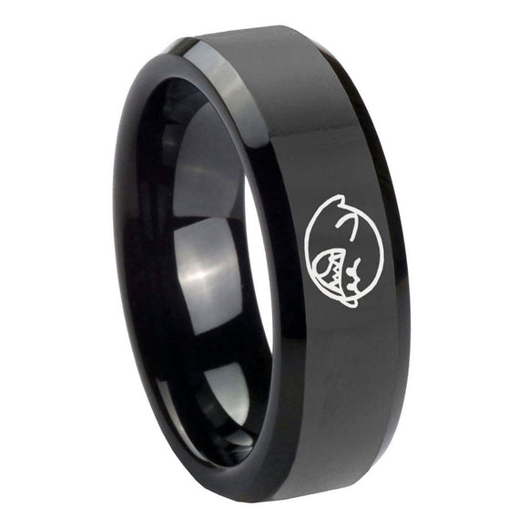 10mm Mario Boo Ghost Beveled Edges Black Tungsten Carbide Men's Promise Rings