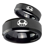 His Hers Mario Mushroom Beveled Edges Black Tungsten Mens Bands Ring Set