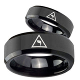 His and Hers Masonic Yod Beveled Edges Black Tungsten Custom Mens Ring Set
