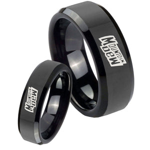 His Hers Mountain Dew Beveled Edges Black Tungsten Mens Ring Engraved Set