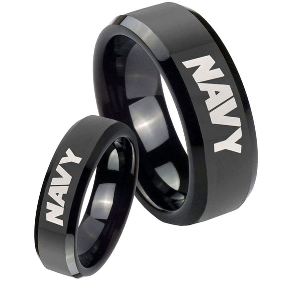 Bride and Groom Navy Beveled Edges Black Tungsten Carbide Promise Ring Set