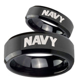 Bride and Groom Navy Beveled Edges Black Tungsten Carbide Promise Ring Set