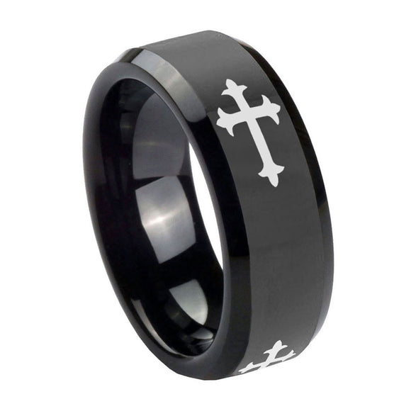 10mm Christian Cross Religious Beveled Edges Black Tungsten Carbide Men's Wedding Band