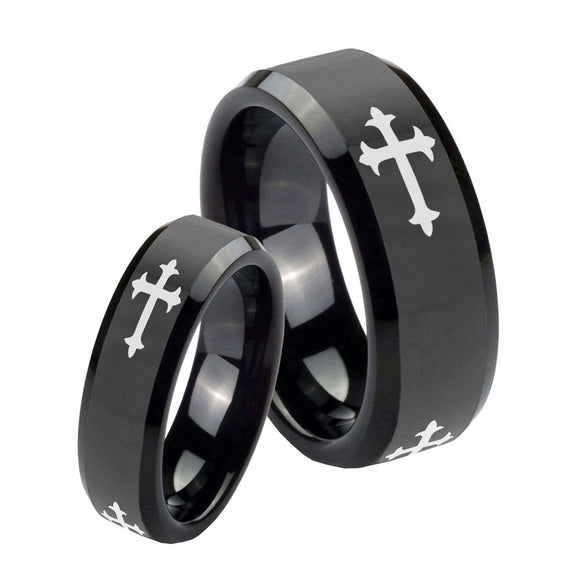 His Hers Christian Cross Religious Beveled Edges Black Tungsten Promise Ring Set